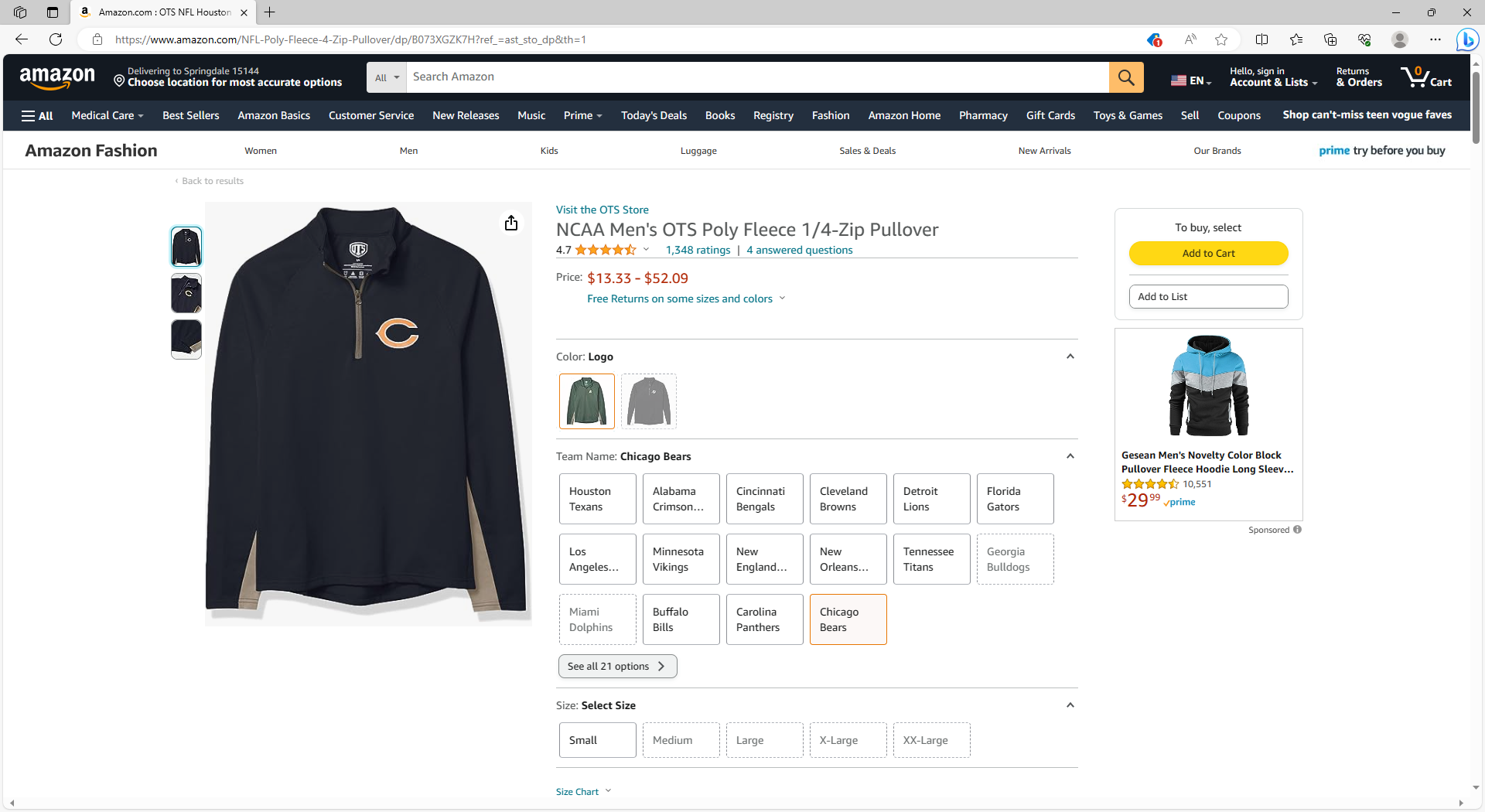 OTS Chicago Bears Poly Fleece 1/4-Zip Pullover